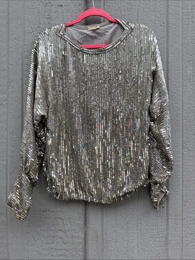Vintage 1970s Sister Max Silver Sequin Long Sleeve 100% Silk Top Size: M